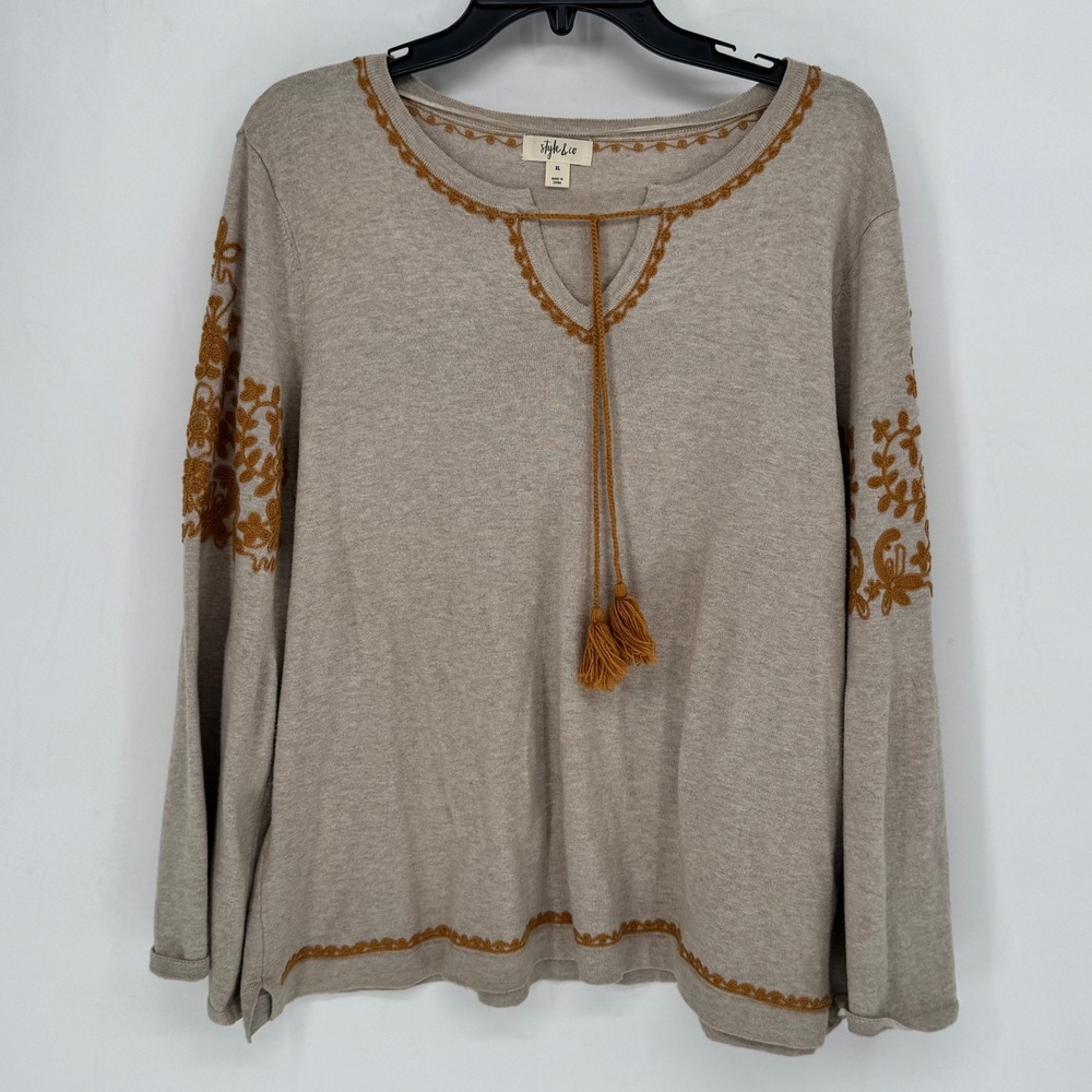 Style Co Embroidered Tassel V Neck Sweater Long Sleeve Beige XL Boho Festival